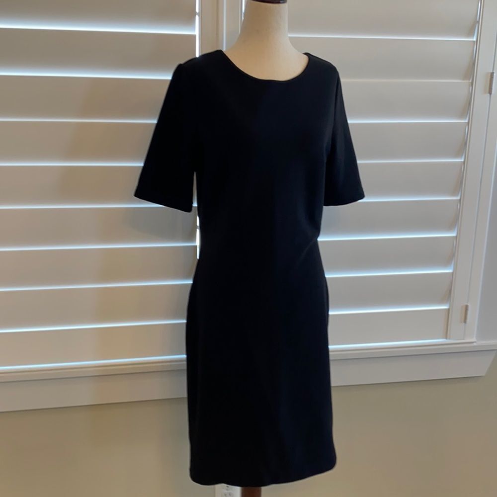 Sz S Mario Serrani classic black dress crew neck knee length ribbed